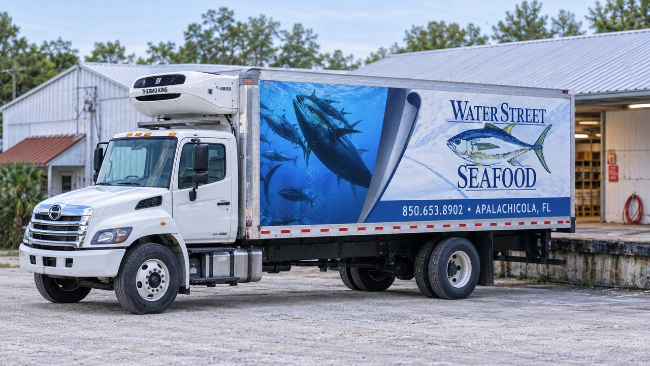 Illustration reconstructed from reference photos of a Water Street refrigerated delivery truck with its blue-and-white seafood wrap